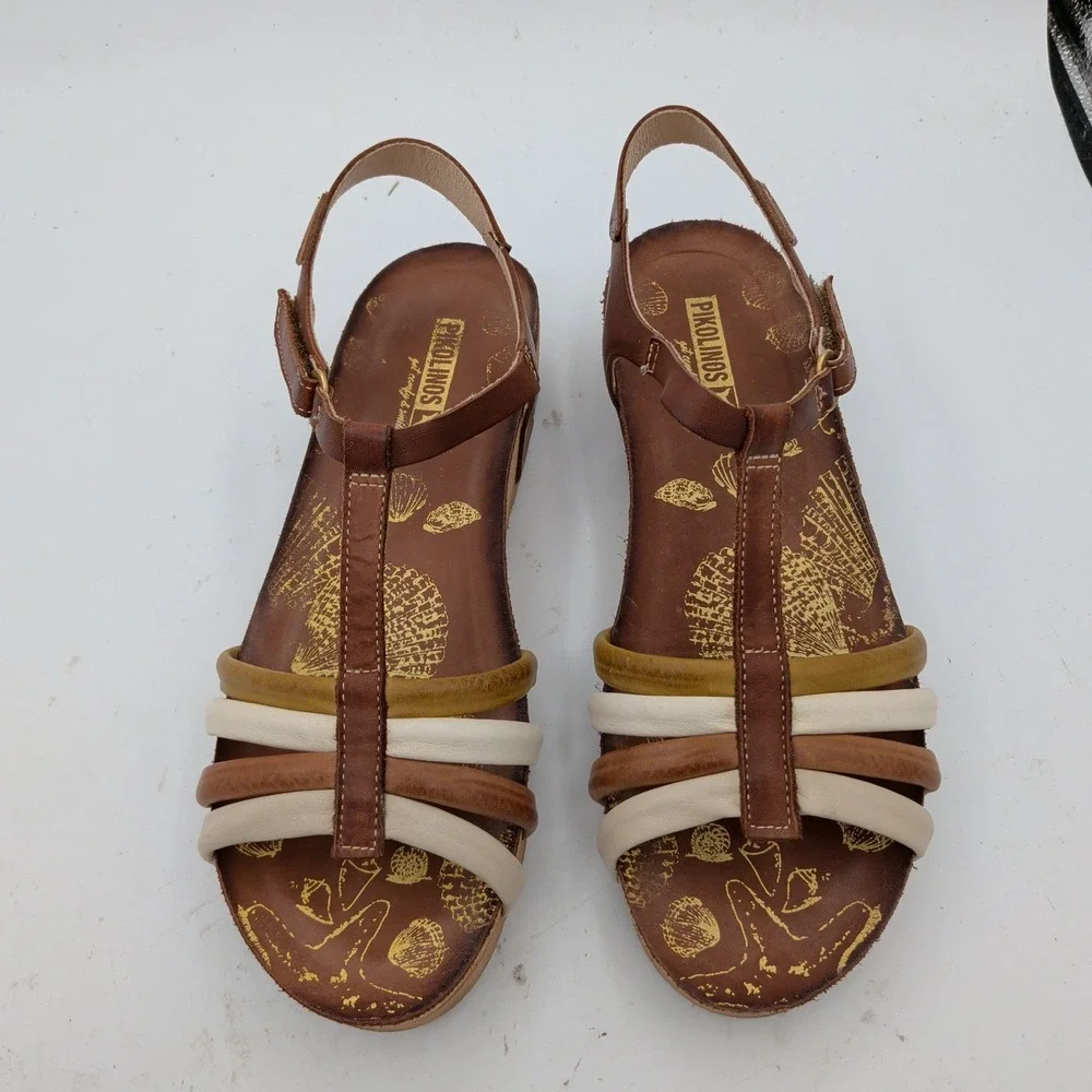 Pikolinos Mahon W9E-0654C1 Cuero Leather Wedge Sandals Brown Multi Womens 40